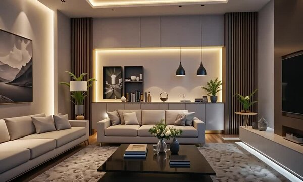 Modern Living Room Interior Design With LED Strip Lighting And 3D Furniture Illustration. 4k video