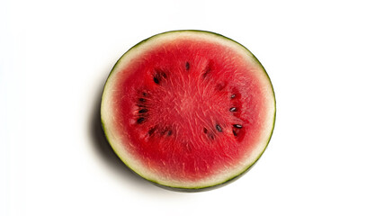 Whole round watermelon with striped green rind displayed on a clean white background showcasing its vibrant interior
