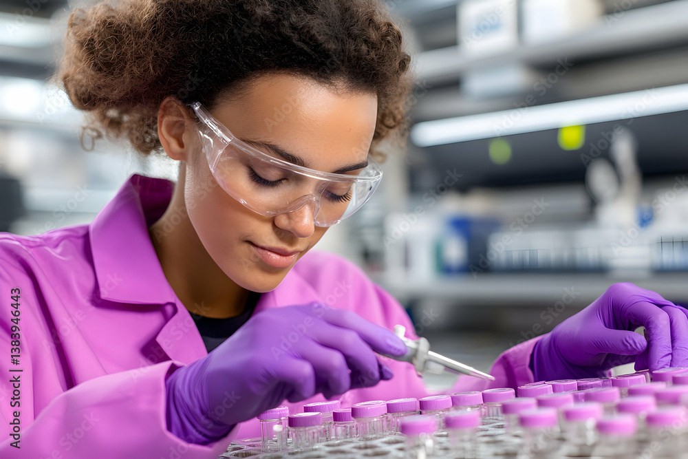 Poster focused scientist in lab coat meticulously works with samples in a modern laboratory setting