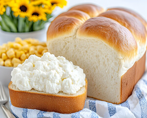 Fluffy white bread roll halves topped with creamy spread, alongside corn and sunflowers