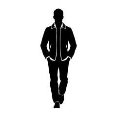 Obraz premium Vector Walking Man Silhouette Front View Casual Jacket Hands in Pockets Strolling Posture