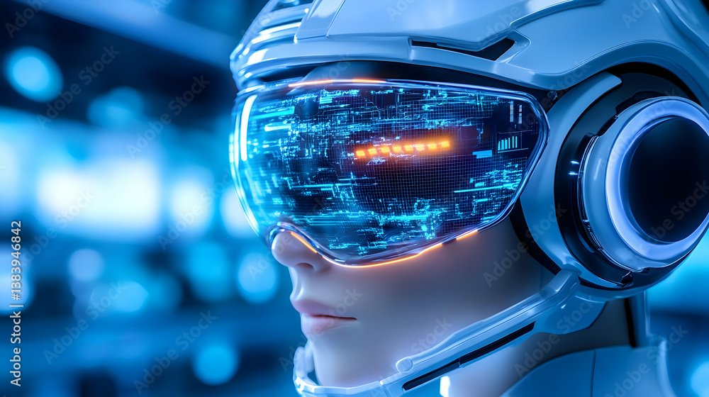 Poster futuristic android head wearing augmented reality headset displaying digital data