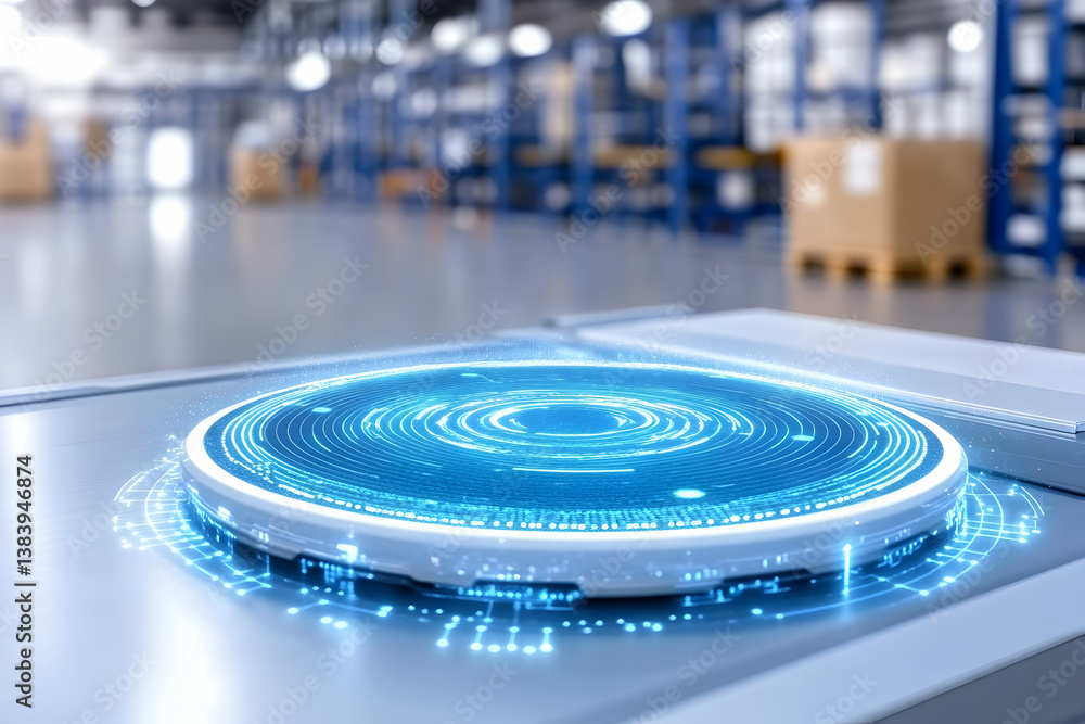 Poster futuristic circular interface on a factory floor