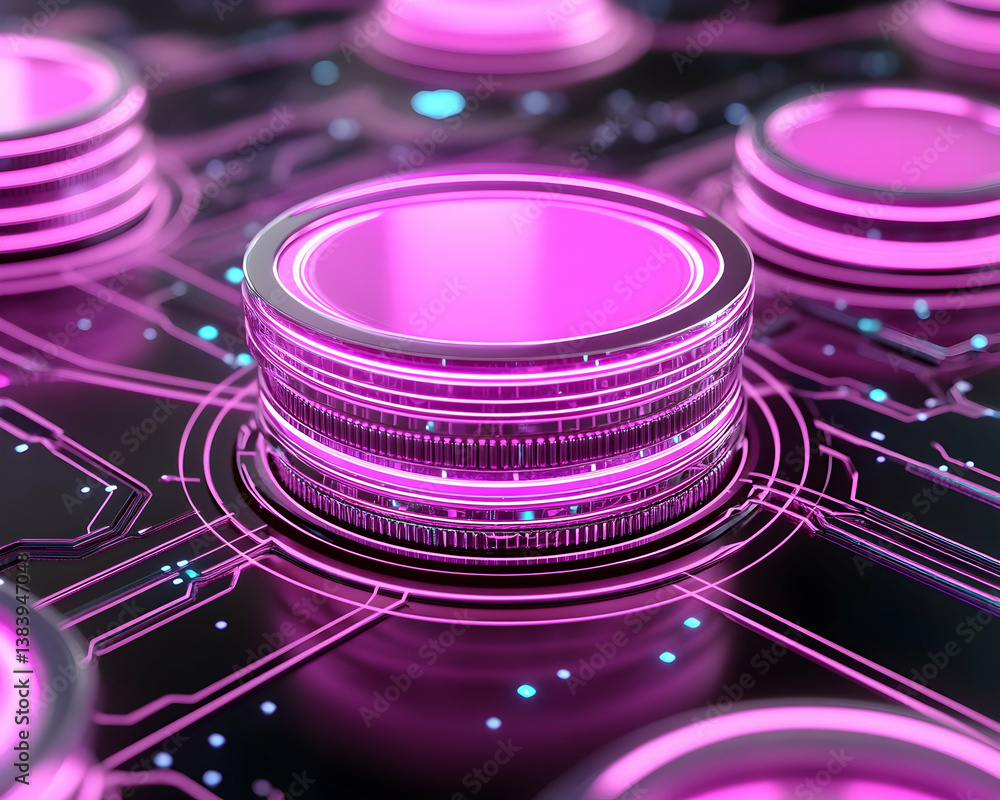 Poster futuristic pink glowing data disks on circuit board