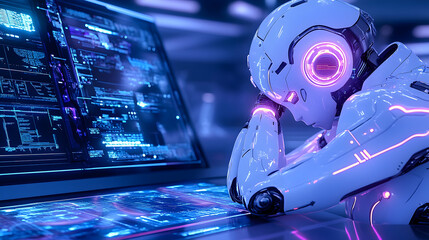 Futuristic robot experiencing stress, leaning on desk with glowing computer screen