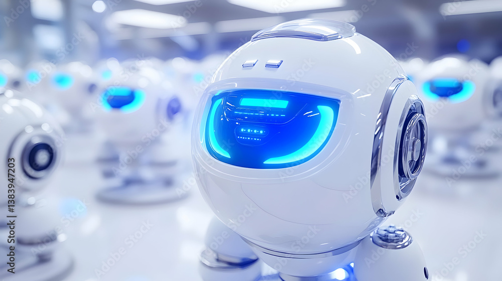 Poster futuristic white robots with glowing blue interfaces in a factory setting