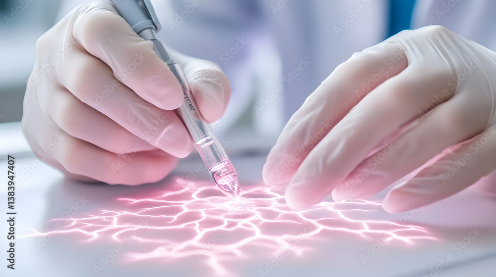 Poster gloved hands using a pen to interact with a glowing pink fractal network on a tablet