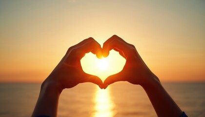 Female hands form heart shape with sun light shining through. Sunset over sea. Symbol of love romance. Romantic scene with golden sunlight. Beautiful sky, ocean. Love concept, relationship, Valentine