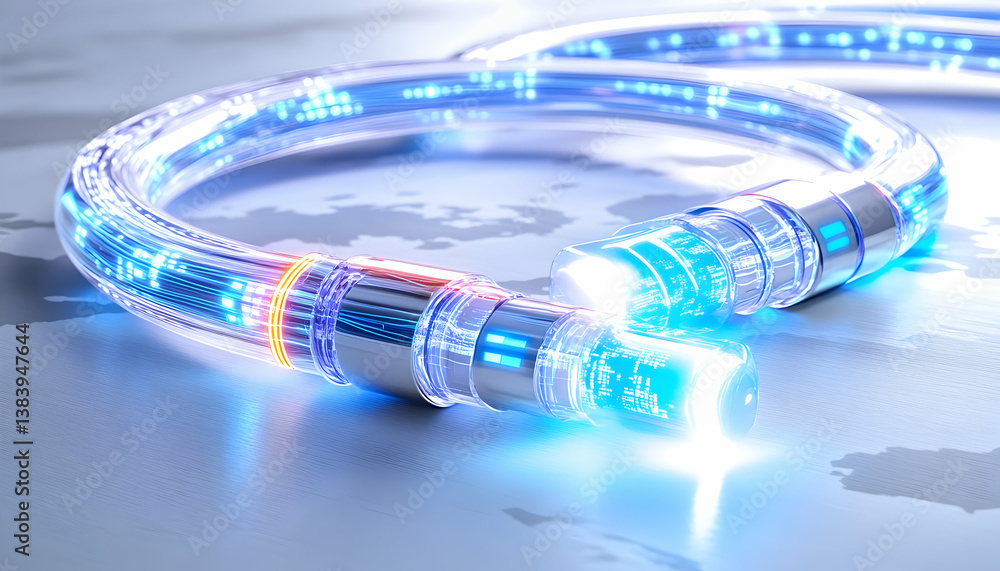 Poster glowing fiber optic cables connected, forming a loop on a world map, symbolizing global network conn
