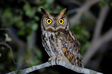 An owl with glowing golden eyes, perched on a branch in the moonlight