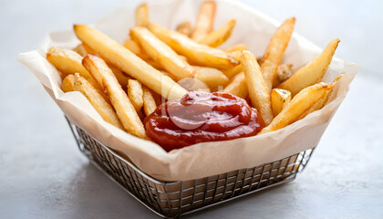 Golden french fries in a wire basket with ketchup
