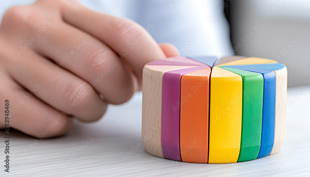 Poster hand arranging colorful segmented wooden circle chart
