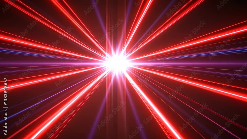 Poster red laser light beams radiating from a central point in dark space generative ai