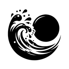 Naklejka premium Black Wave and Circle Silhouette, Japanese Style, Vector Graphic