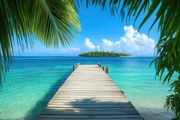 Tropical paradise with wooden dock, crystal-clear turquoise water, and sunlit beach under bright blue sky