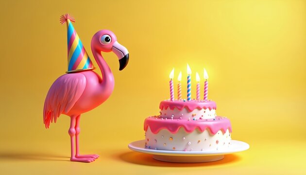 Cute flamingo wearing party hat, celebrating birthday. Festive cake with burning candles on yellow background. Birthday party design, cheerful mood. Perfect for greetings, invitation, card or banner.