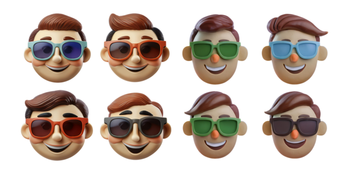 Cartoon Characters with Sunglasses Expressing Joy and Fun Emotions, isolated on transparent background