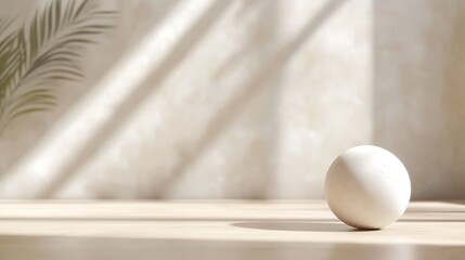 White Sphere on Light Wooden Table with Palm Leaf and Soft Sunlight