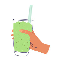 Vector illustration of a hand holding a glass of green smoothie. Detox drink. The concept of healthy eating. Isolated design on a white background.