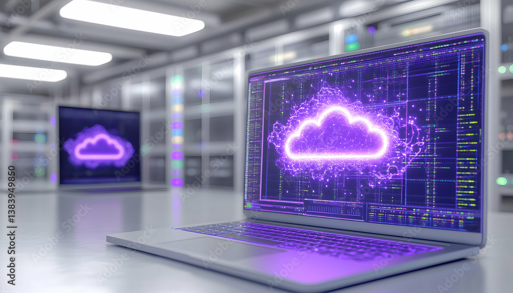 Poster laptop displaying a glowing cloud computing symbol in a server room