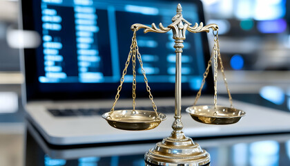 Justice scales on a desk with a laptop displaying data in the background