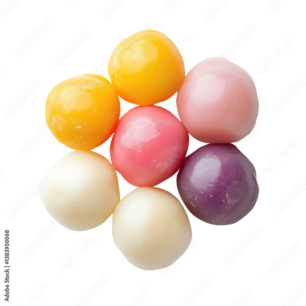 Poster colorful dango dumplings arranged in a circle on a transparent background highlighting their unique 