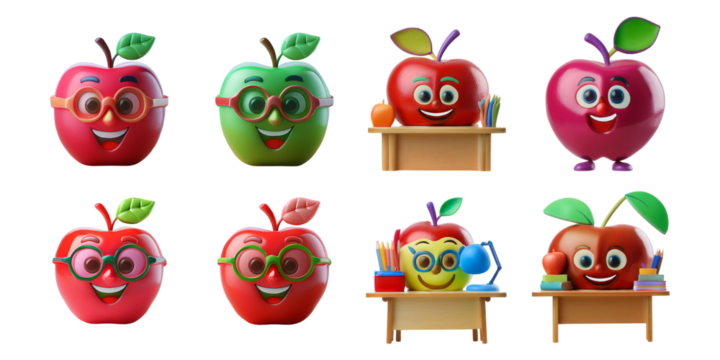 Playful Cartoon Apples with Glasses and School Themes for Education, isolated on transparent background