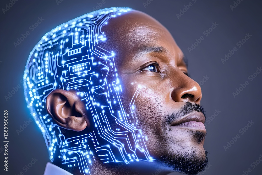Poster man's head overlaid with glowing circuit board design, suggesting ai or technological integration
