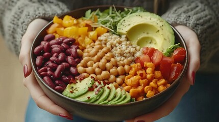 Woman holding a bowl filled with a colorful variety of healthy fresh ingredients for a balanced meal