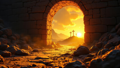 Powerful dramatic Jesus Christ resurrection at sunrise with ancient stone tomb, glowing entrance, three crosses. Warm golden, hope, faith, light triumph, biblical moment, Easter and Holy Week.