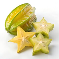 Fototapeta premium Ripe yellow carambola starfruit slices, a tropical citrus fruit isolated on white