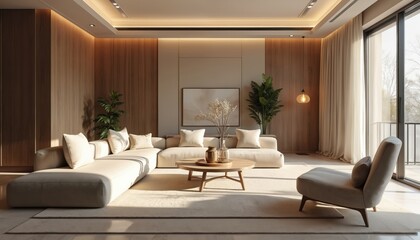 Modern drawing room design with big window. Interior design, home decor, living space. Features living room furniture, sofa, luxury architecture. Neutral color palette, wooden wall paneling, plants,