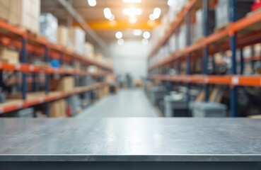 Empty metallic table in industrial workshop. Blurred background with warehouse racks perfect for product display, design mockups. Commercial space with potential for product placement design visuals.
