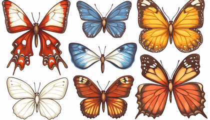Nine vibrant butterflies, diverse colors & wing patterns, isolated on white