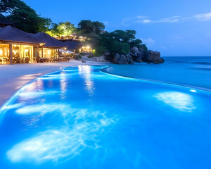 Obraz premium Night scene of a beachfront resort with an infinity pool