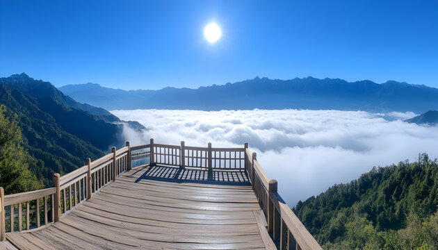 Panoramic view of a wooden deck overlooking a sea of clouds and mountain range under a bright sun - Powered by Adobe