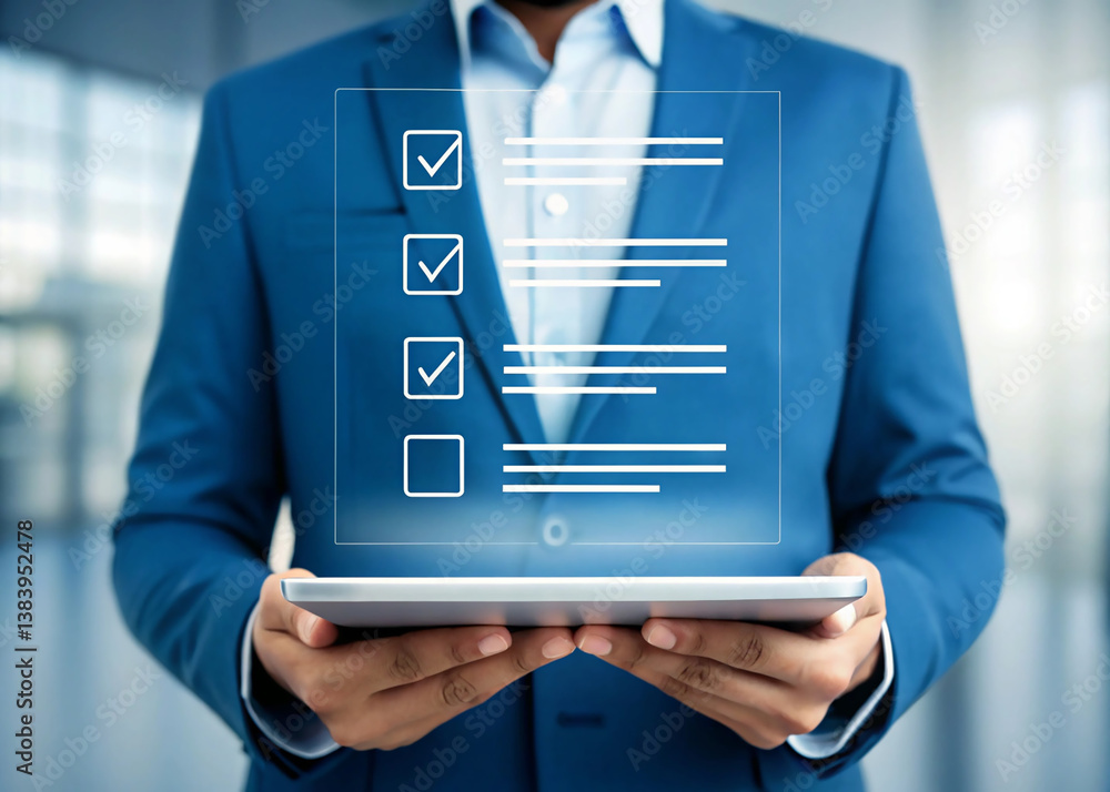 Poster professional in blue suit using digital tablet with checklists. modern business productivity with di