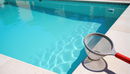 Skimmer net cleaning crystal-clear pool water, seasonal preparation