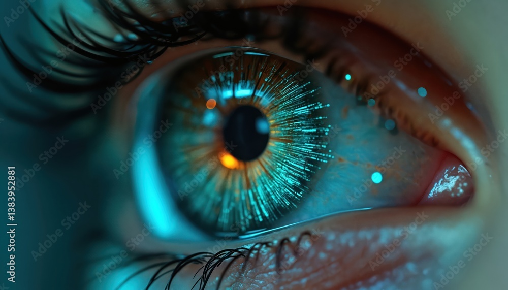Poster close-up of human eye reflecting digital tech. iris shows data streams, tech concept, digital age. c