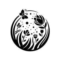 Stylized Floral Circle Design: Black and White, Nature, Decorative