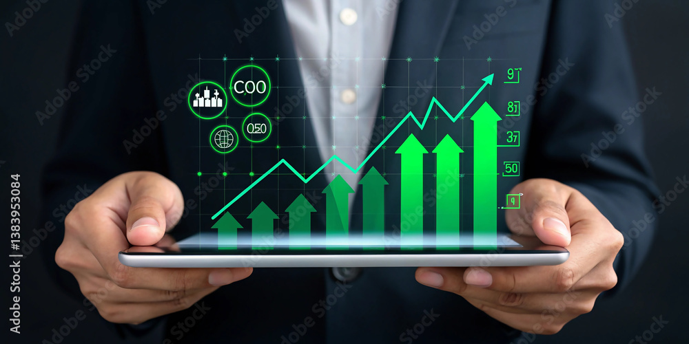 Poster professional using stylus with futuristic ar growth interface. caucasian individual interacting with