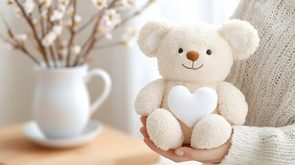 Person gently holding a cream-colored teddy bear with a heart, spring blossoms in the background