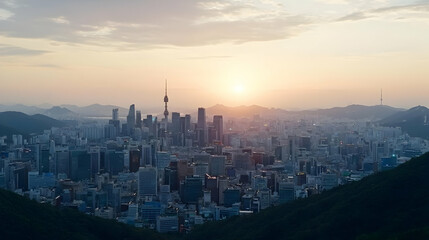 Fototapeta premium Cityscape Sunset View From Hills South Korea