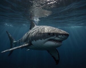 Fototapeta premium Cinematic close-up portrait of great white shark with powerful jawline, piercing black eyes, and ocean shimmer