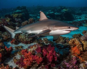 Fototapeta premium Stunning portrait of blacktip reef shark swimming near vibrant coral reef with sunlight filtering through clear water