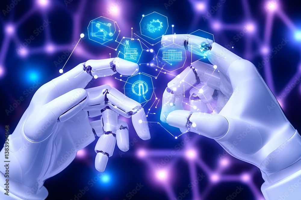 Aufkleber robotic hands interact with digital interface, showcasing network, data, and technology concepts