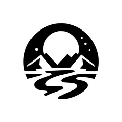 Minimalist Mountain & River Emblem: Nature Icon, Black & White