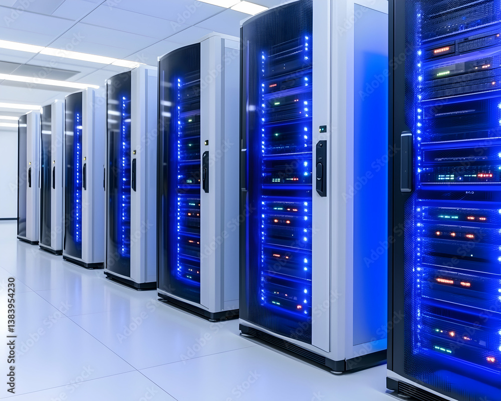 Poster row of illuminated server racks in a modern data center