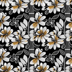 A black and white floral pattern on a black background.
