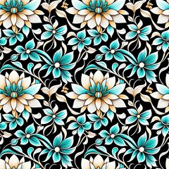 A black and white floral pattern on a black background.